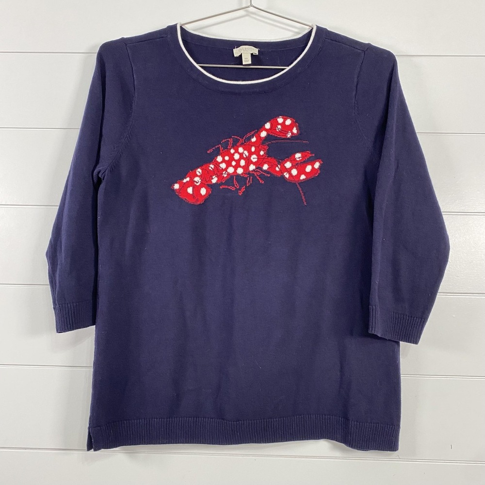 Talbots Petites Sweater Womens Medium Petite Navy Lobster Cotton 3/4 Sleeve